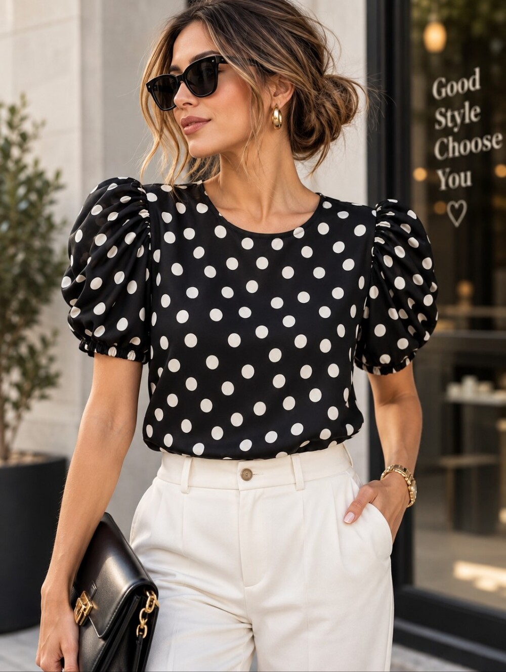 Blousology Polka Dot Puff Sleeve Top
